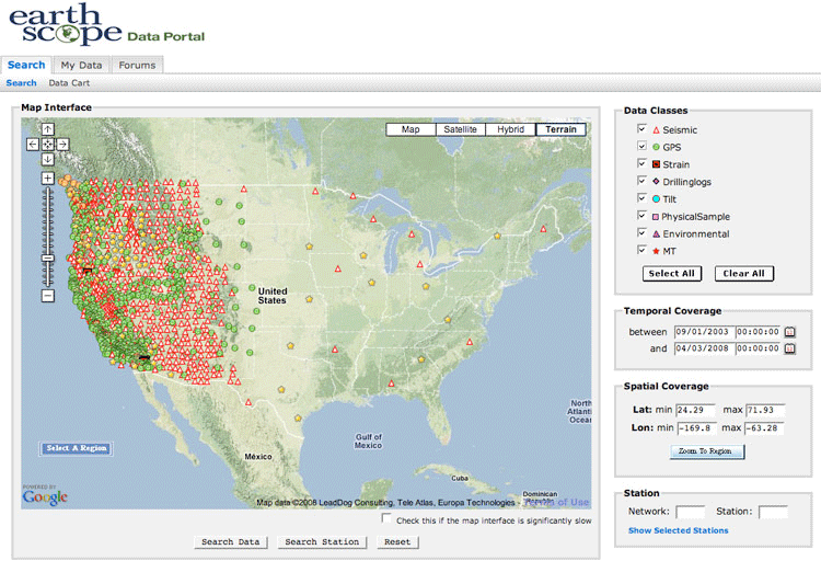 Screenshot of the Earthscope Data Portal