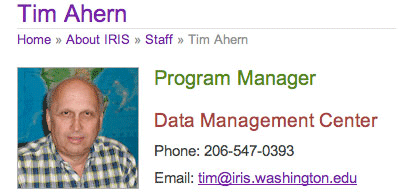 Screenshot of Tim Ahern's entry in the IRIS staff directory