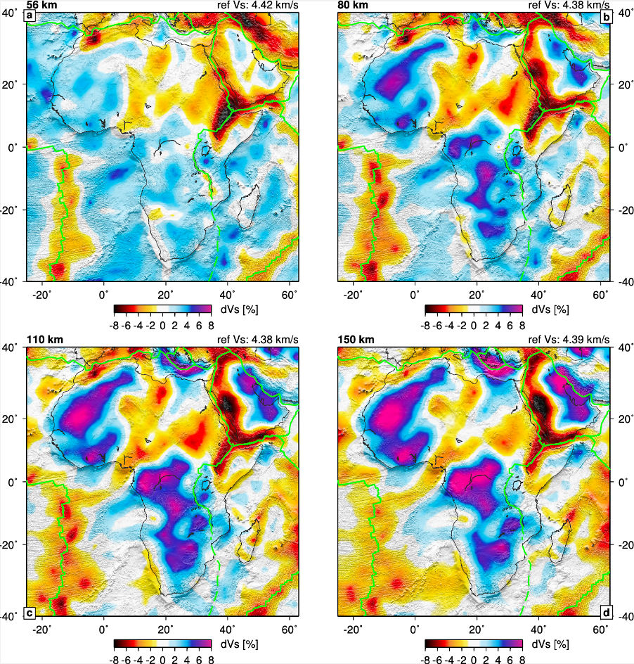 S-wave velocity anomalies at four depths