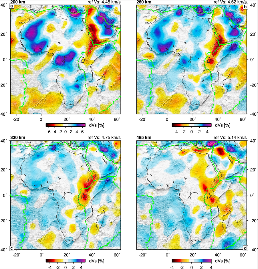S-wave velocity anomalies at four depths