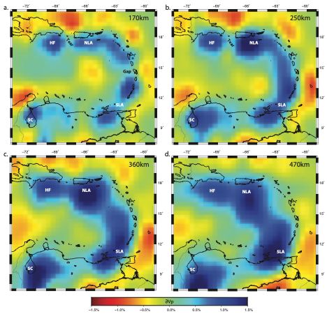 Plan view depth slices of the P wave tomographic model