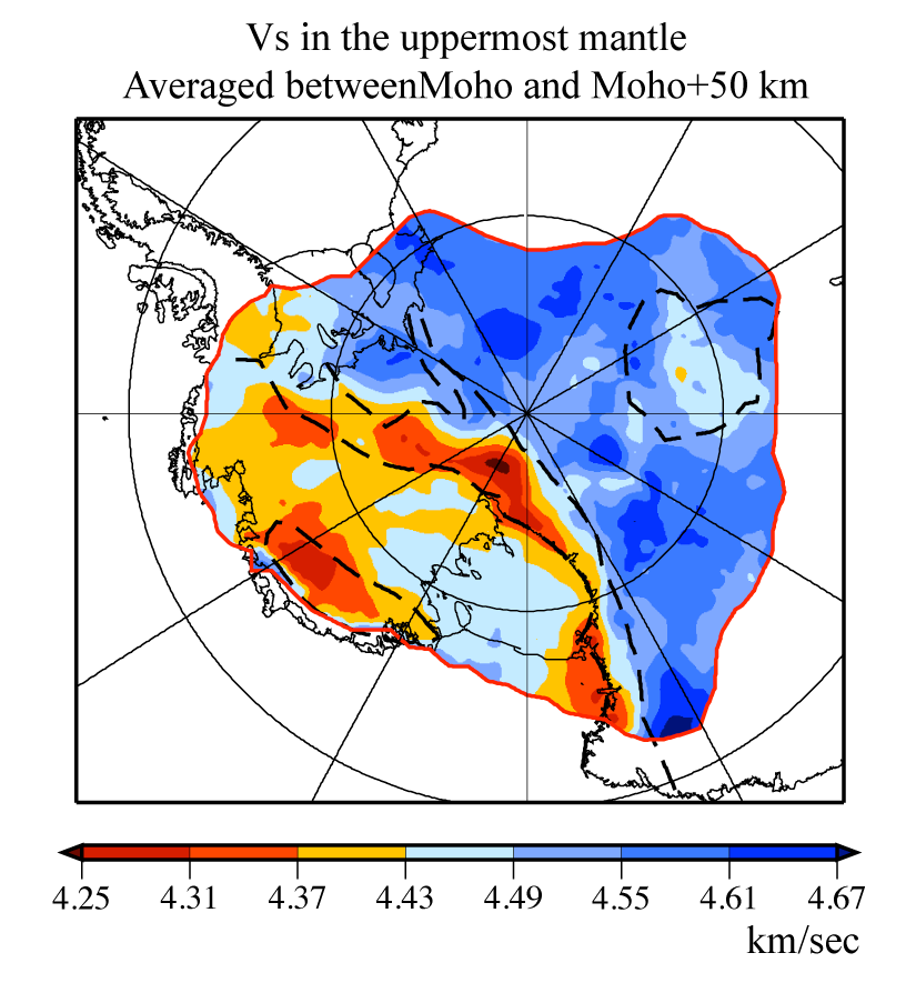 The average shear velocity of the uppermost mantle
