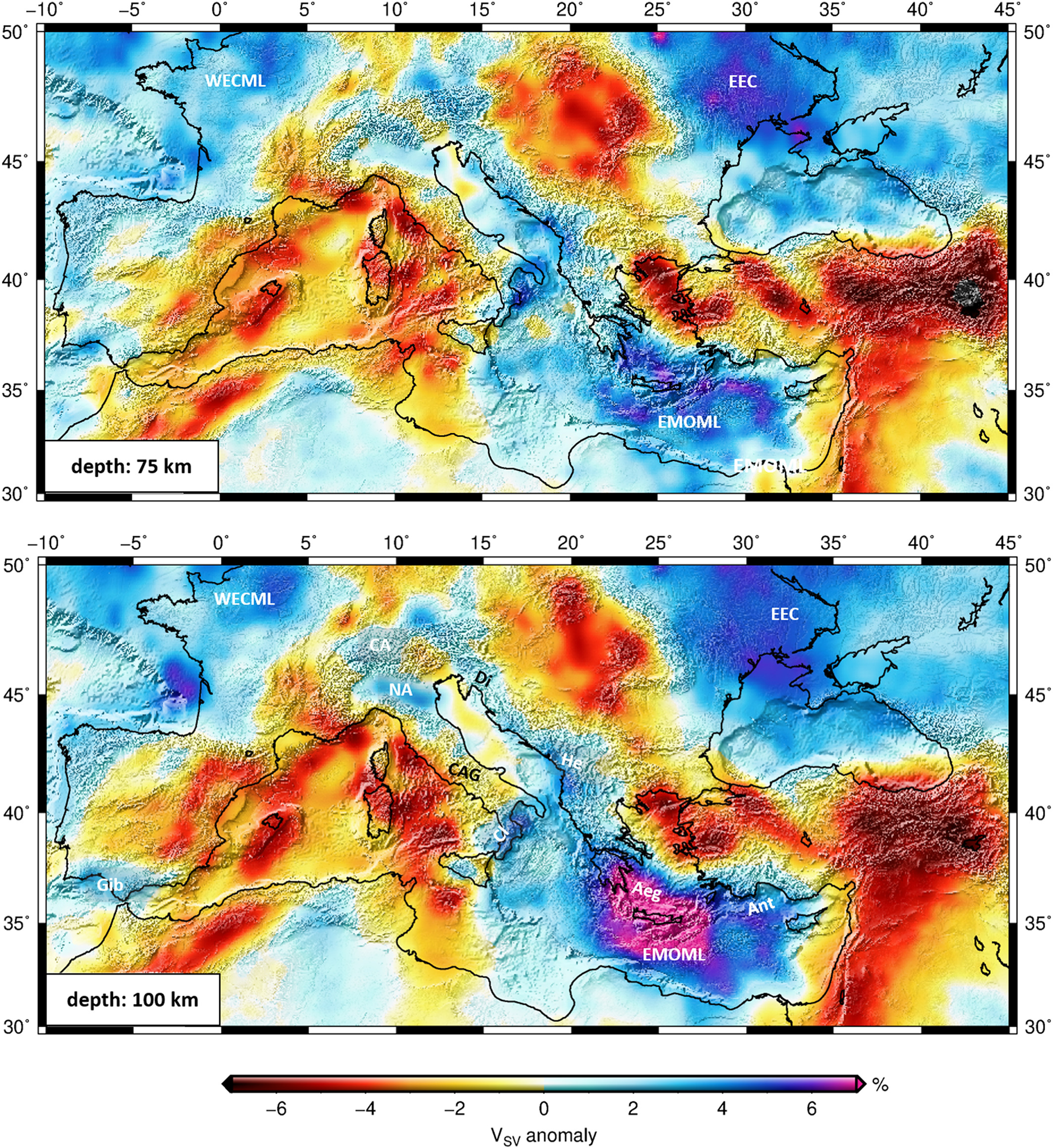 orizontal map views of the 3‐D shear wave velocity model 