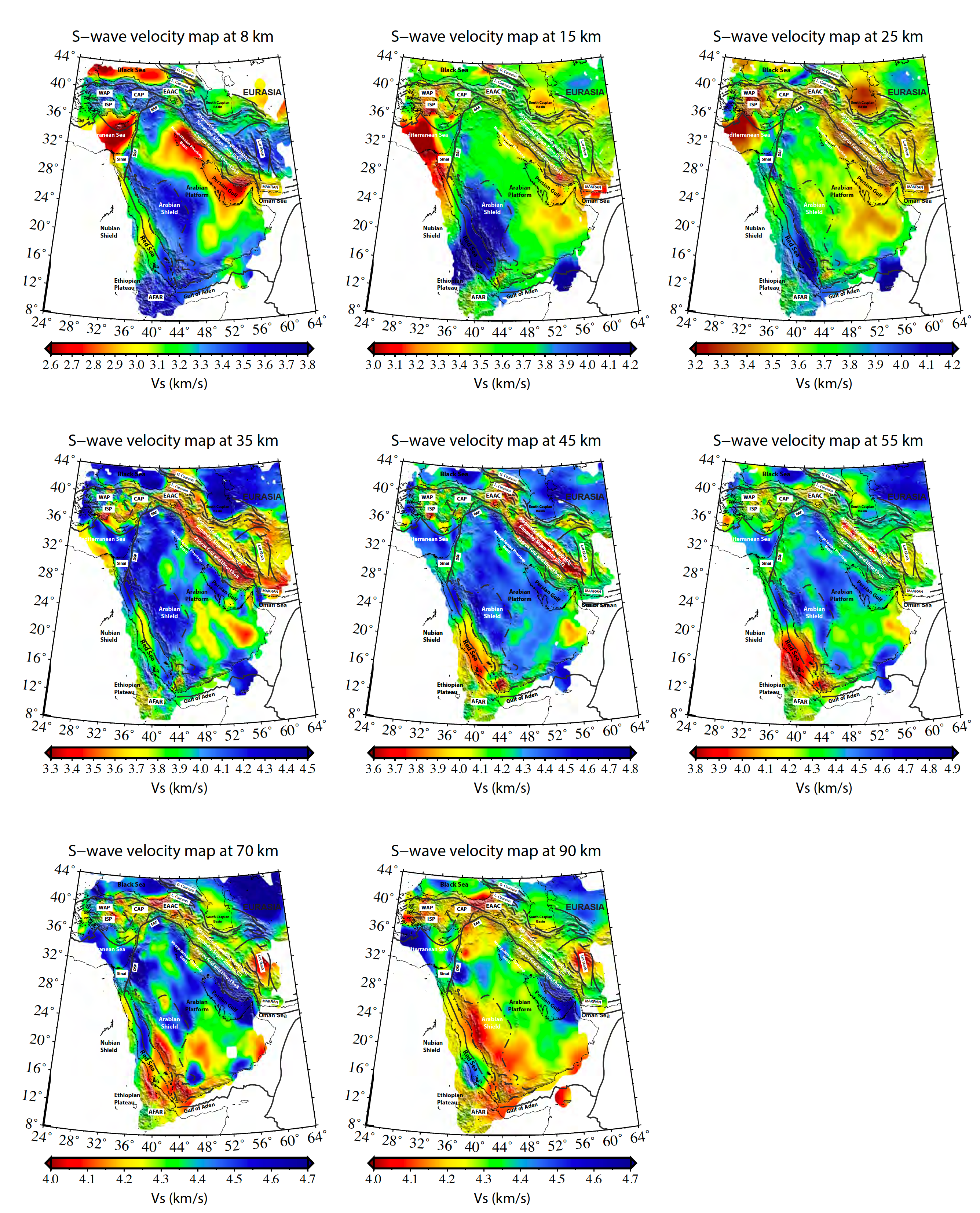 Examples of shear-wave velocity maps at depths 