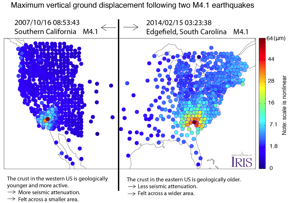 Peak displacements following two M4.1 earthquakes