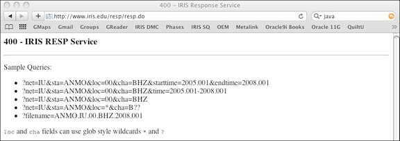 Screenshot of the IRIS RESP web service