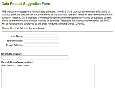 Screenshot of the Data Product Suggestion Form
