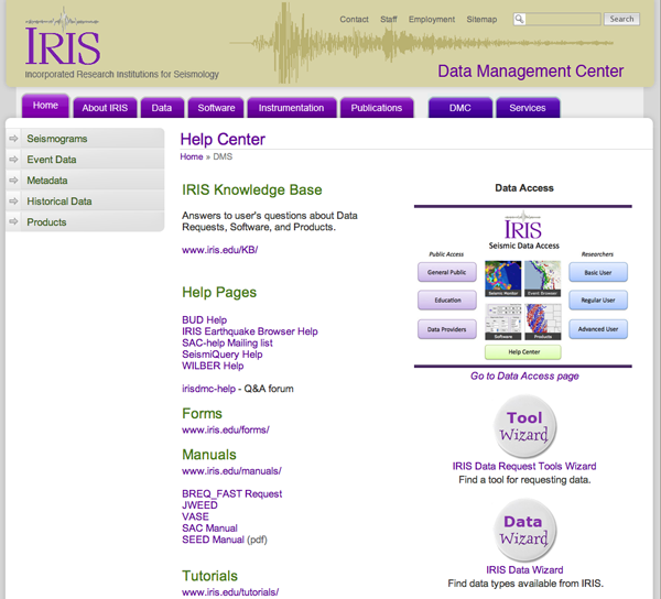 Screenshot of the IRIS Help Center webpage