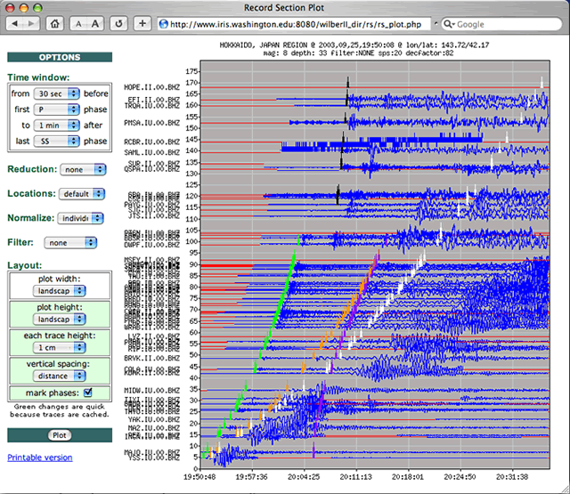 Example record section plot embedded in the WILBER web interface