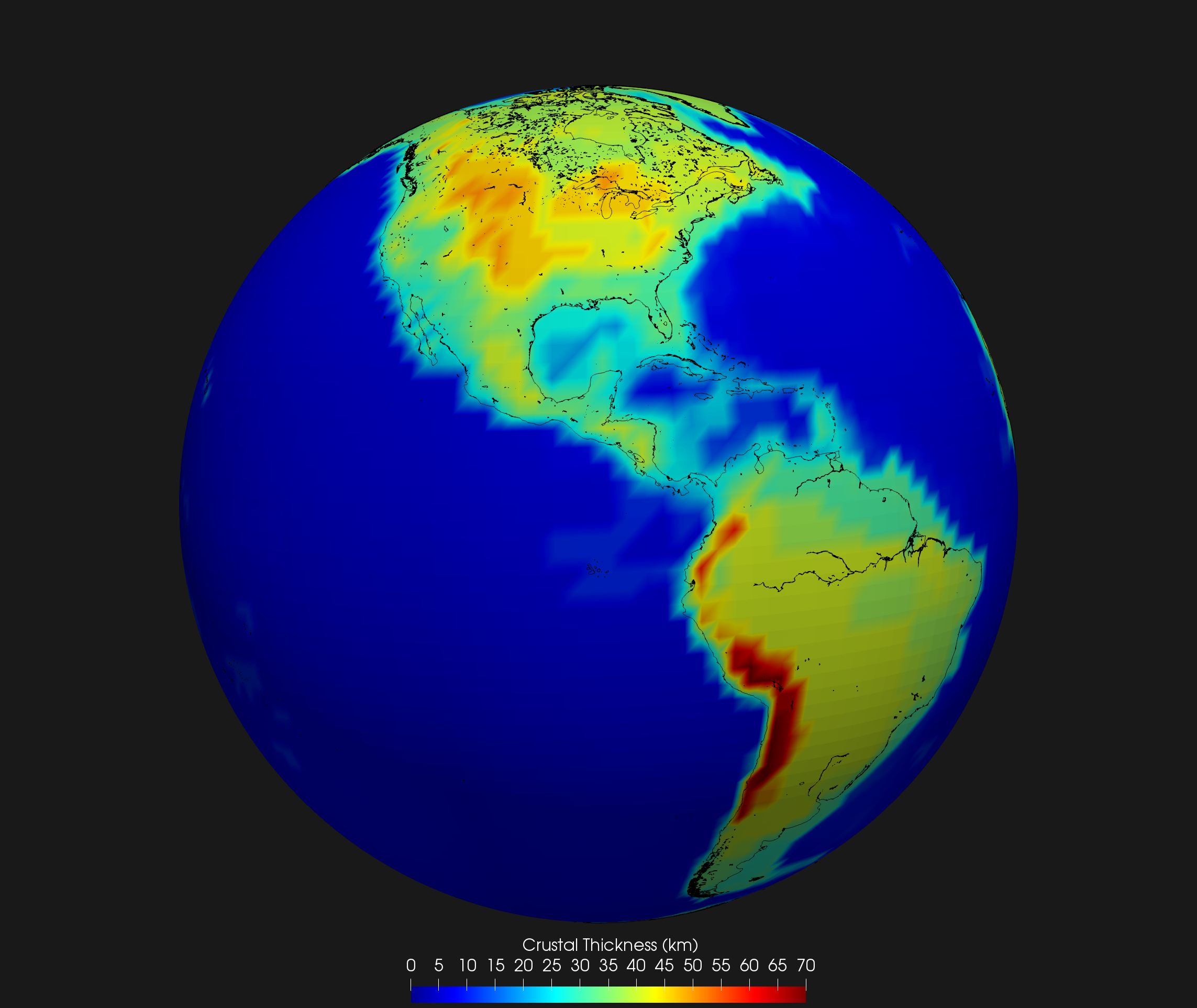 western hemisphere visualization of the crustal thickness