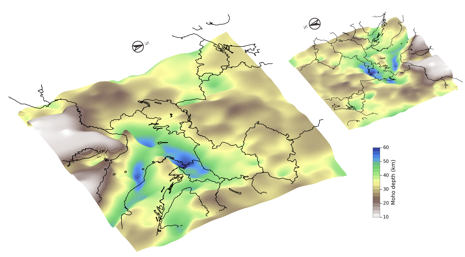 3-D views of the Bayesian Moho depth map