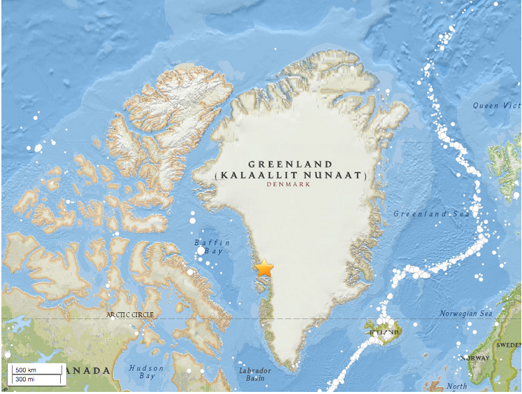 Map of M 4.2 Landslide - 107km N of Uummannaq, Greenland
