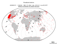 Map with all BHZ stations held by IRIS